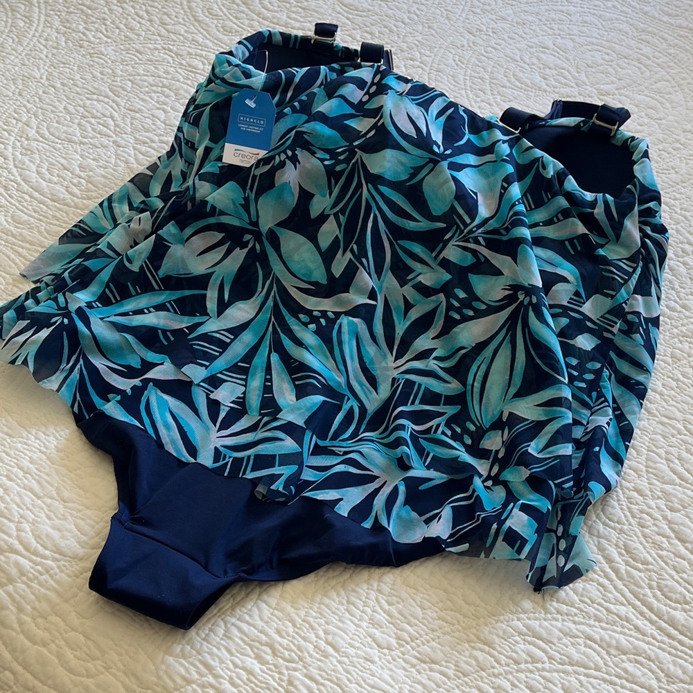 NWT Lands End 1 Piece Swimsuit Bathing 22W Mesh Bandeau Blue Teal Floral Support - Picture 13 of 15